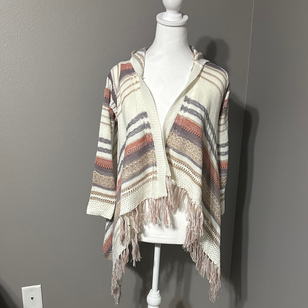 Girls Striped Fringe Ivory Hooded Cardigan, NWT, pet/smoke free home Size L (14)